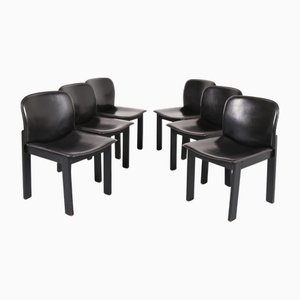 Wood & Black Leather Dining Chairs in the style of Afra & Tobia Scarpa, Set of 6