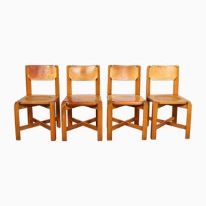 Dining Chairs Beech Wood Cognac Leather by Pierre Chapo, 1960s, Set of 4