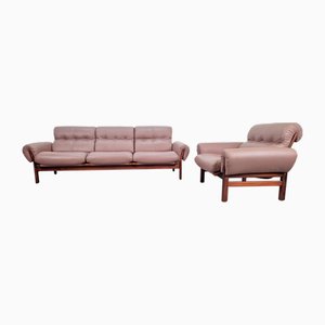 Sofá y butaca vintage de teca y cuero de Coja, Suecia, años 60. Juego de 2