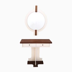 Postmodern Ivory Lacquered Walnut Wall Mirror and Console Table, Italy, 1970s, Set of 2