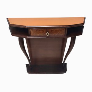 Table Console Vintage en Hêtre et Noyer avec Plateau en Verre Orange, 1950s