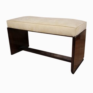 Banco Art Déco de terciopelo beige y madera chapada, años 30