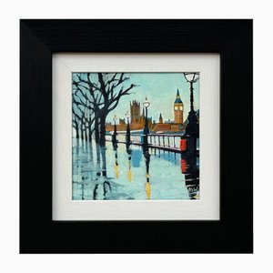 Angela Wakefield, Miniature Painting of Victoria Embankment London & Houses of Parliament in Rain, 2024