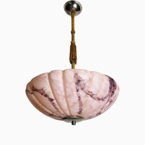 Lampe à Suspension Rose en Albâtre Sculpté à la Main et Laiton, 1930s