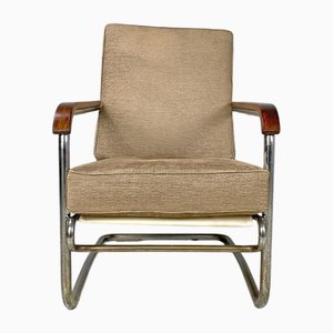 Chaise Bauhaus en Métal Chromé et Tissu Marron Clair, Italie, 1940s