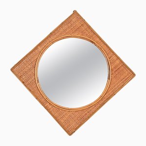 Mid-Century French Riviera Square Mirror in Bamboo and Woven Rattan, Italy, 1970s
