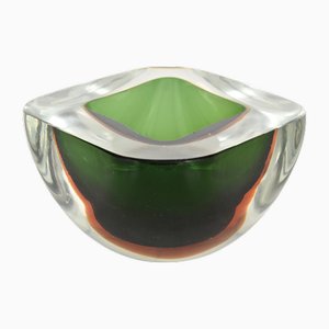 Green and Amber Sommerso Murano Glass Bowl attributed to F. Poli, Italy, 1960s
