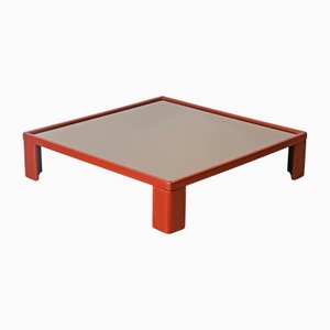 Italian Coffee Table in Maroon Leather with Bronze Glass attributed to Massoni for Frau, 1970s