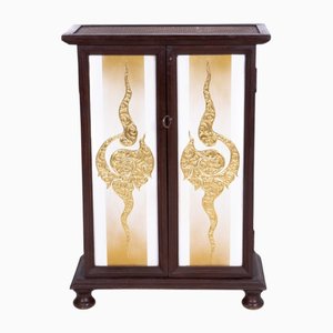 Thai Cabinet in Acacia Wood with Golden Decorations and Rattan Inserts