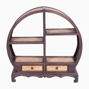 Meuble Rond Ethnique en Bois d'Acacia et Rotin avec Etagères et Tiroirs