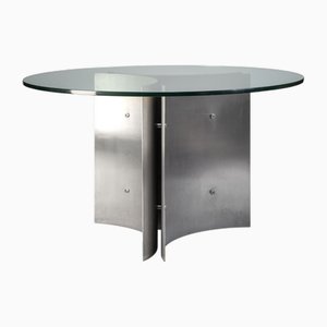 Tavolo da pranzo circolare in acciaio e vetro di Michel Boyer, Francia, anni '70