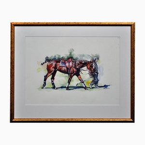 Elin Sian Blake, Polo Match, Cirencester, Player Leading Pony, Watercolour, Framed