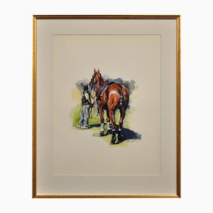 Elin Sian Blake, Partido de polo, Cirencester, Jugador y poni, Acuarela, Enmarcado