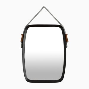 Rectangular Mirror with Wooden Frame and Leather Cord Details, 1950s