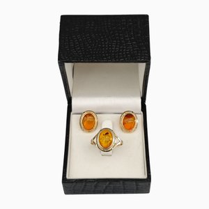 Vintage Gold Set of Ring and Earrings with Baltic Amber, 1970s, Set of 3