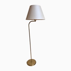 Vintage Floor Lamp with Brass Frame and Cream-Colored Fabric Shade, 1980s