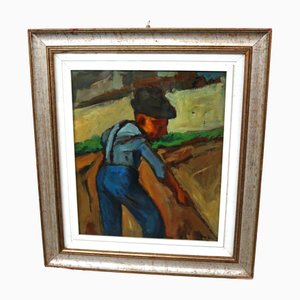 Piero Leo, Farmer with Scythe, 1974, Dipinto ad olio su faesite, Incorniciato