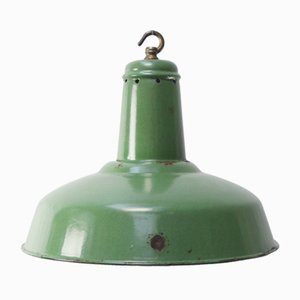Lámpara colgante francesa industrial vintage de esmalte verde