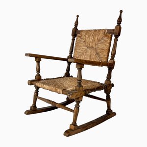 Französischer Schaukelstuhl aus Eiche & Rush, 1920er
