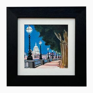 Angela Wakefield, Miniature Painting of Victoria Embankment London & St Pauls Cathedral at Night 2, 2024