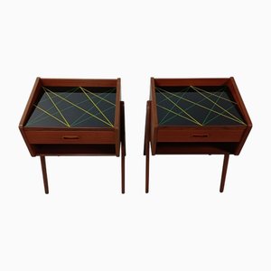 Fully Restored Teak Nightstands with Decorated Glass Tabletops, 1960s, Set of 2