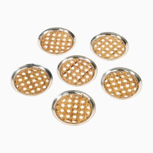 Acrylic Glass, Rattan and Silver Coasters in the style of Christian Dior, Italy, 1970s, Set of 6