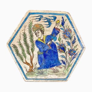 Hexagonal Hand-Painted Earthenware Tile, Asia