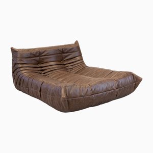 Chaise longue Togo in pelle marrone attribuita a Michel Ducaroy per Ligne Roset, 1974