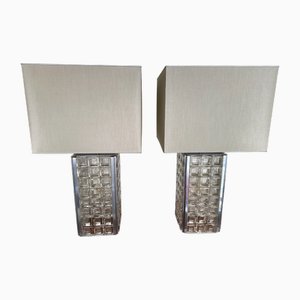 Italian Glass Cube and Stainless Steel Metal Table Lamps from Poliarte, 1970s, Set of 2