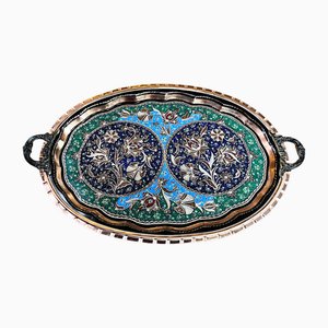 Engraved Oval Copper Tray with Handles