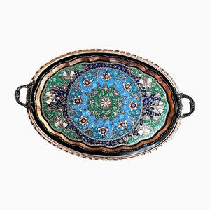 Inlaid Oval Copper Tray with Handles