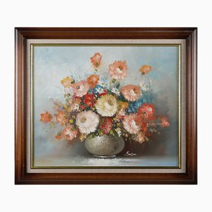 Edmond Sanders, Vase mit Blumen, 1950er, Öl auf Leinwand, Gerahmt