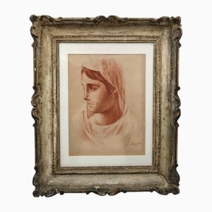 Ubaldo Oppi, Portrait de Visage de Femme, 1928, Dessin Sanguine, Encadré
