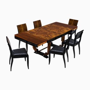Art Deco French Walnut & Burl Dining Set, 1930s, Set of 7