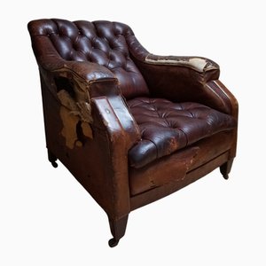 Poltrona da biblioteca Chesterfield in pelle invecchiata, XIX secolo