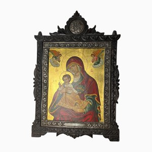 Greek Artist, Byzantine Icon of Madonna with Baby Jesus, 1980s, 24 Kt Gold and 950 Silver Painting