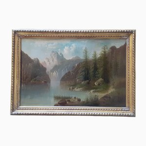 Mountain Landscape with a Waterfall, 1850s-1870s, Oil on Canvas, Framed