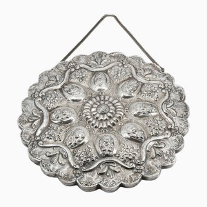 Vintage 900 Silberner Repoussé Spiegel mit Blumenmuster, 1940er