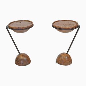 Burr Oak & Steel Pudding Bowl Side Tables by Sculptor Philip Hearsey, 1990s, Set of 2