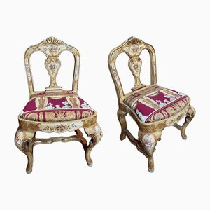 Venetian Lacquered Rococo-Style Armchairs with Hand-Painted Floral Décor and Theater-Inspired Upholstery, Set of 2