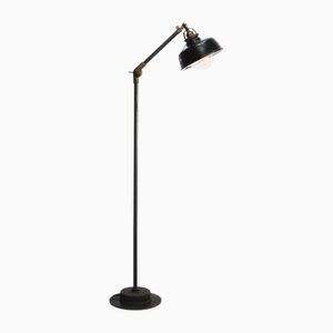 Industrielle Vintage Werkstatt-Stehlampe aus Gusseisen & Messing in Schwarz