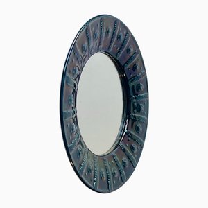 Vintage Scandinavian Blue Circular Wall Mirror in Glazed Ceramic, 1970s