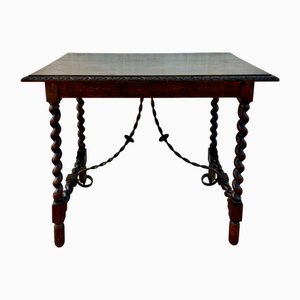 19th Century Spanish Side Table with Cared Turned Legs and Iron Stretcher, 1850