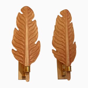 Leaf-Shaped Pink Murano Glass Wall Sconces in the style of Barovier, 2000s, Set of 2