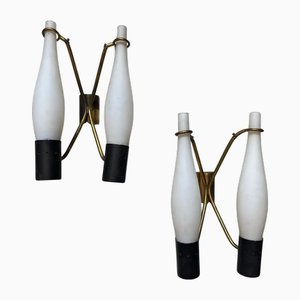 Mid-Century Modern Brass and Glass Wall Sconces in the style of Stilnovo, 1950s, Set of 2