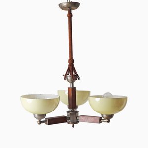 Art Deco 3-Arm Chandelier in Glass, Wood and Chrome, Germany, 1930s