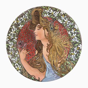 Assiette Art Nouveau en Terre Cuite Peinte dans le style d'Alphonse Mucha, 1920s