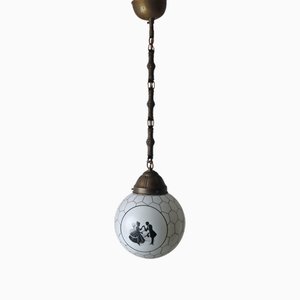 Art Deco Ball Lamp in Opal Glass with Hand-Painted The Lovers Motif, Germany, 1920s