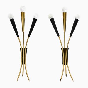 Large Mid-Century Modern Brass Three-Light Cone Wall Lamps, 1950s, Set of 2