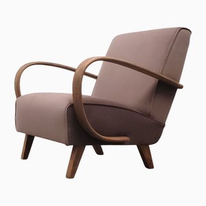 Poltrona in legno curvato in velluto beige scuro di Jindrich Halabala, anni '30